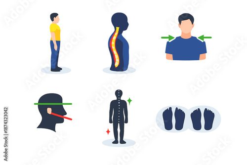 Isometric Posture Icons. Body posture basics set in isometric flat vector : standing posture, straight spine, shoulder alignment, head position, balance line, feet stance