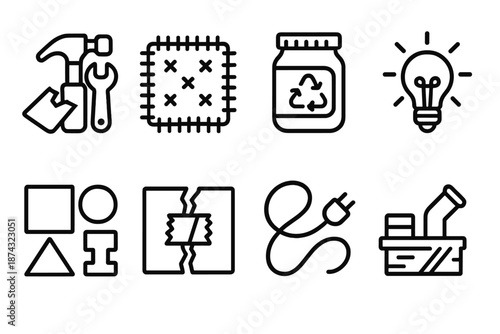 Creative Resourcefulness Icons. Creative Resourcefulness set in outline vector style: scrap-to-tool icon, stitched fabric patch, repurposed jar, idea spark,