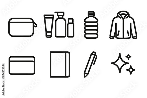 Minimalist Travel Icons. Minimalist Travel Gear set in outline vector style: compact pouch, travel-sized toiletries, collapsible bottle, packable jacket, slim