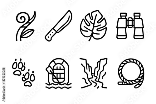 Jungle Quest Essentials. Wild Adventure set in outline vector style: jungle vine, machete, exotic leaf, binoculars, river raft, rocky canyon, animal tracks, rope coil