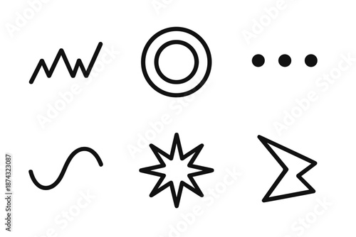 Abstract Predator Dynamics. Predator Dynamics abstract set in outline vector style: jagged line, pulsing ring, sensing dots, tension curve, dynamic burst, aggressive form