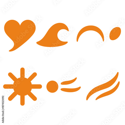 Bold Romantic Icons. Heart Evening Romantic Drift icon set in silhouette bold style. Contain drifting heart mote, warm glow curl, subtle arc line, tender speck, radiant dot, airy trail