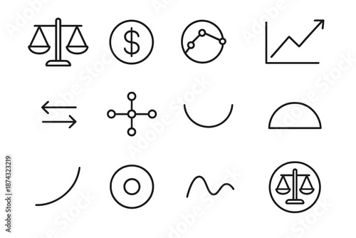 Economic Stability Icons. Economic Balance set in outline vector style: balance scale, currency symbol, market chart line, trade arrows, distribution nodes,