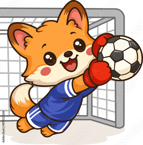 Cute fox goalkeeper saving football