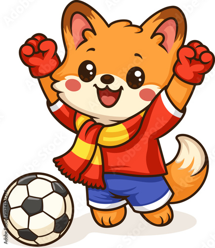 Cute fox celebrating football goal