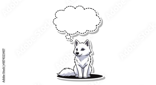 Beautiful white arctic fox sitting with an empty thought bubble above its head in a sticker-like illustration on white background.