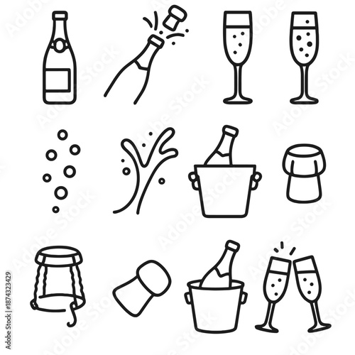 Champagne Icons Celebration. Champagne Celebration set in outline vector style : champagne bottle, popping cork, champagne flute, filled flute, bubbles rising,