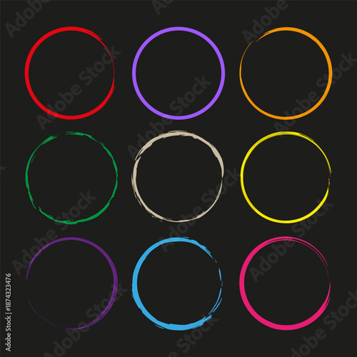 Color circle set. Neon ring vector. Round glow frame. Bright loop art.