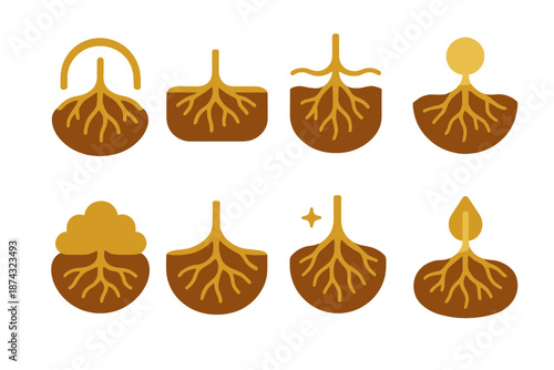 Modern Root Iconography. Foundational Roots vector set in modern flat style : branching root arc, soft soil contour, gentle ripple line, earthy glow bead,