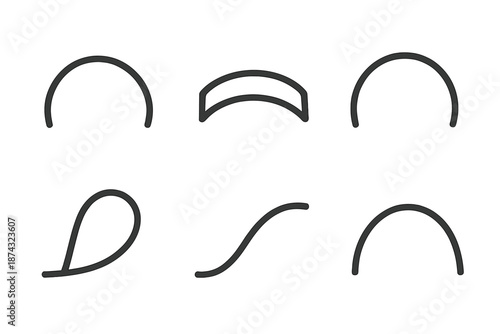 Elegant Arc Icons. Arcform set in outline vector style : smooth arc, curved band, rising semi-circle, soft loop, gentle swoop, open arc line