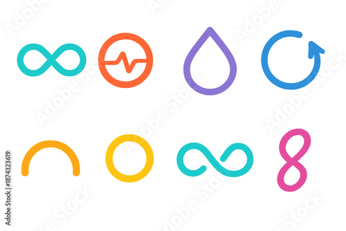 Vibrant Infinity Icons. Forever Symbols vector set in modern flat style : infinite loop, enduring pulse ring, perpetual droplet, cyclical contour, seamless arc,