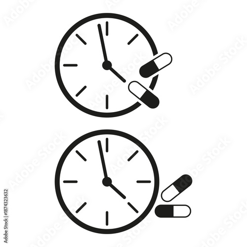Medical schedule icon. Pill time vector. Health care timer. Drug dose watch.