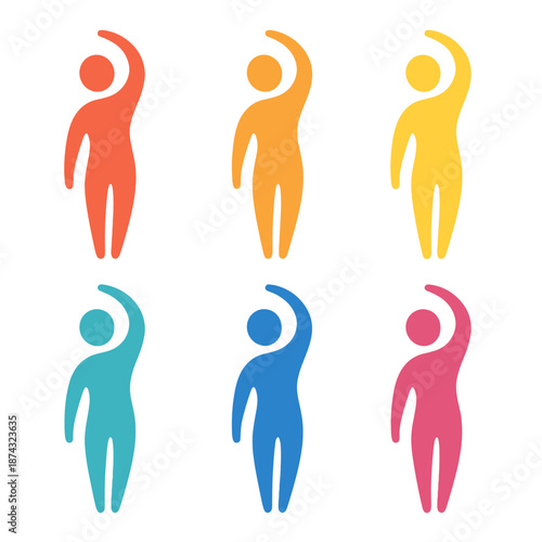 Minimalistic Body Icons. Body Outline vector set in modern flat style : tapered silhouette, lifted arm arc, rounded head, gentle spine line, soft contour, standing droplet