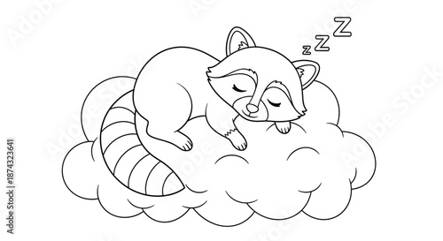 Sweet raccoon character sleeping peacefully on a large fluffy cloud with zzz icons in a black and white drawing for kids' activity.
