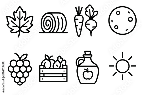 Autumn Harvest Icons. Seasonal harvestset in outline vector style autumn leaf, hay bale, root vegetables, harvest moon, grape bunch, crate of produce, cider jug, seasonal sun