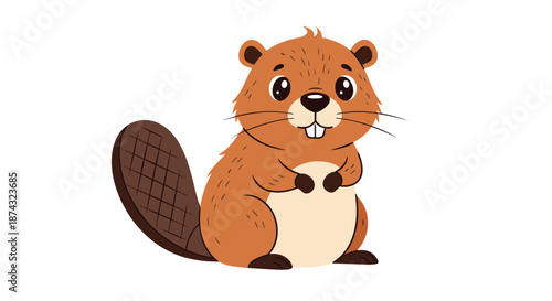 Friendly brown beaver character standing and smiling with its large front teeth and paddle-shaped tail on a plain white background.