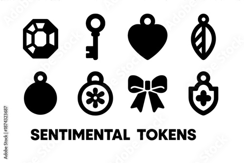 Brutalist Sentimental Icons. Sentimental Tokens icon set in silhouette bold style. Contain small gemstone, miniature key, heart charm, leaf pendant, memory bead