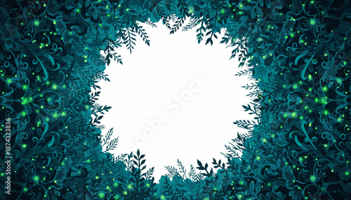 A circular frame of dark teal foliage with glowing green particles against a white background.