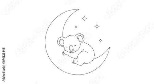 Adorable baby koala bear sleeping peacefully on a crescent moon with twinkling stars in a black and white line art style for kids.