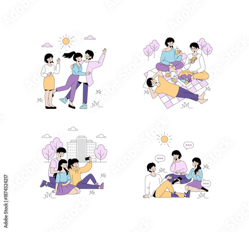 Young Adults Enjoying Outdoor Activities Vector Illustration