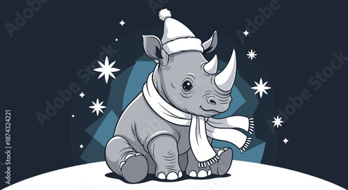 Cute rhinoceros character wearing a white winter hat and scarf sitting on a snowy ground at night with stars and constellations.