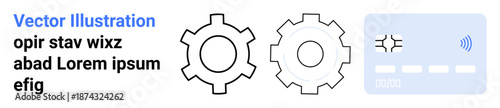 Two cogwheels representing teamwork and systems next to a contactless smart card symbolizing technology and payment solutions. Ideal for fintech, automation, e-commerce, teamwork, technical
