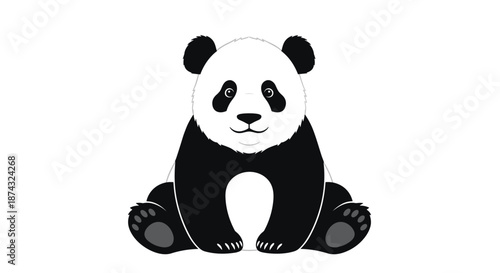 Friendly giant panda cartoon illustration sitting down with a happy expression on its face against a plain white background.