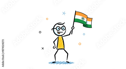 Happy stick figure character wearing glasses and waving the national flag of India to celebrate independence or republic day.