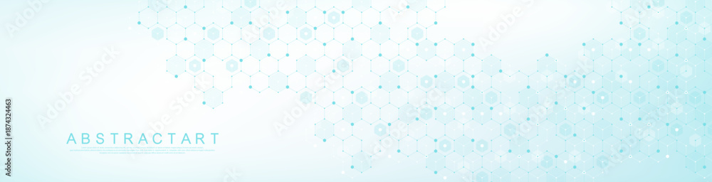 Obraz premium Modern health care or medical background design. Health care innovation concept. Horizontal header web banner. Abstract geometric background with hexagon shapes for medicine, science, chemistry.