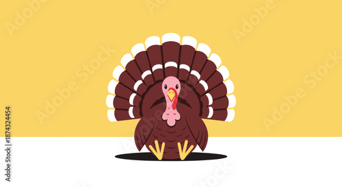 Colorful cartoon turkey with its tail feathers spread out wide on a vibrant yellow and white background for Thanksgiving celebrations.