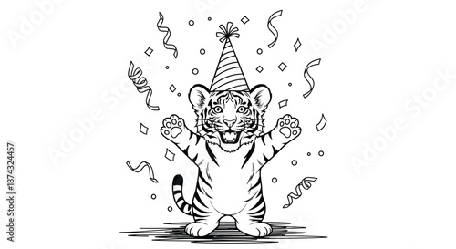 Adorable baby tiger cartoon character wearing a striped party hat and celebrating with colorful confetti and streamers all around.