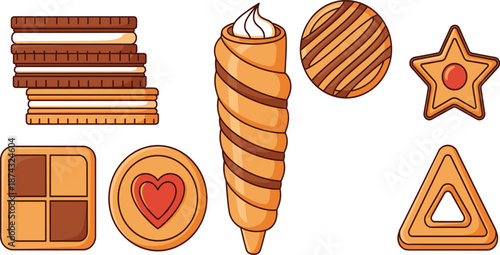 Assorted Bakery Cookie and Wafer Vector Set with Cream Rolls, Sandwich Biscuits, Geometric Shapes, and Sweet Dessert Snack Icons