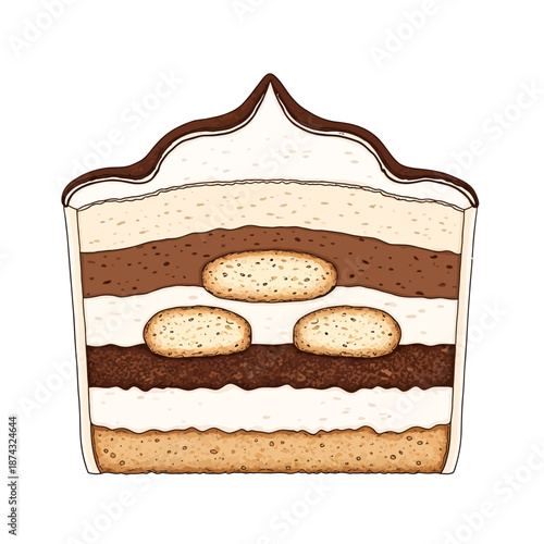 Layered Tiramisu Dessert Illustration in Clear Glass Cup