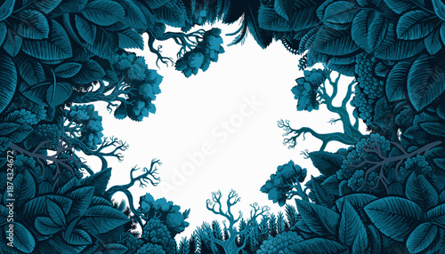 A surreal, dark teal forest canopy viewed from below, with bare branches reaching towards a bright white sky.