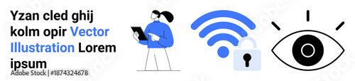 Digital security, online privacy, cybersecurity, connectivity, surveillance, access control. A person holds a tablet, wireless with a lock and an eye symbol. Digital security and online privacy