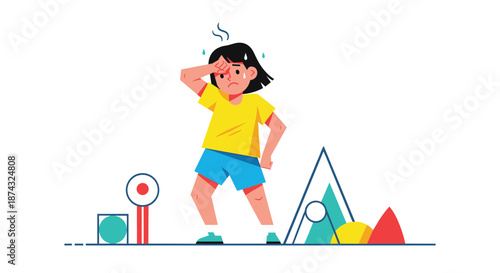 Exhausted young girl in summer clothes feeling the extreme heat and sweating while wiping her forehead on a hot sunny day outdoors.