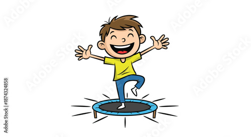 Cheerful young boy jumping high with excitement on a blue trampoline and having lots of fun during outdoor active play time.