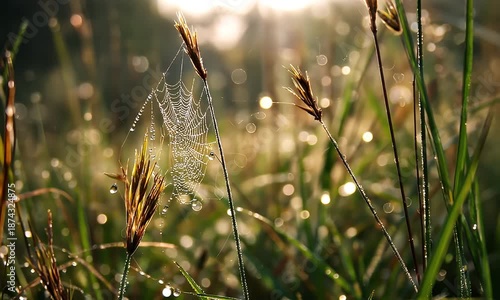Closeup of dewy spider web among tall grass during sunrise with soft backlighting