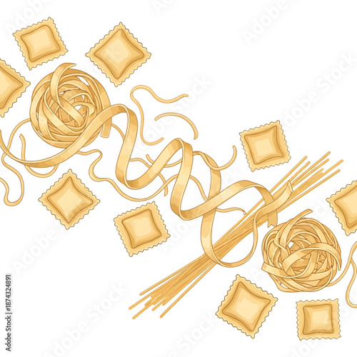 Vector Border of Various Italian Pasta Types on White Background