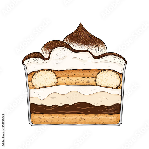 Layered Tiramisu Dessert Cross-Section Drawing