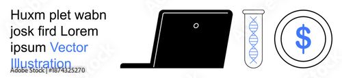 Technology, biotech research, finance, online analysis, innovation, digital economy. A laptop, DNA test tube and dollar symbol. Technology and biotech research