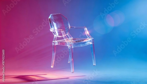 Transparent glass ghost chair floating in mid air with vibrant pink and blue neon lighting and lens flare