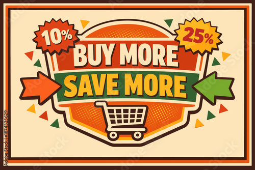 Discount promotion: buy more, save more banner with shopping cart icon