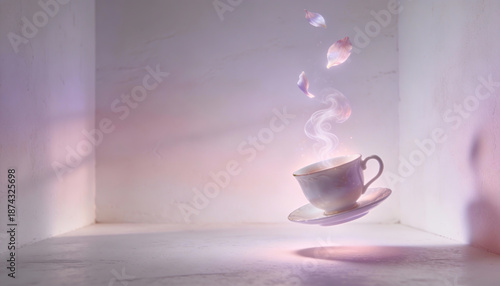 Surreal Levitation of a Porcelain Teacup with Magic Steam and Floating Petals