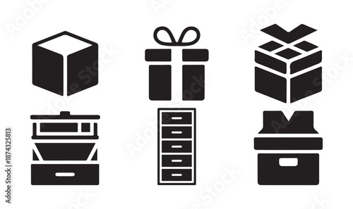 Packaging Box and Gift Box Icon Set. in Black Flat Style, vector illustration eps 10.
