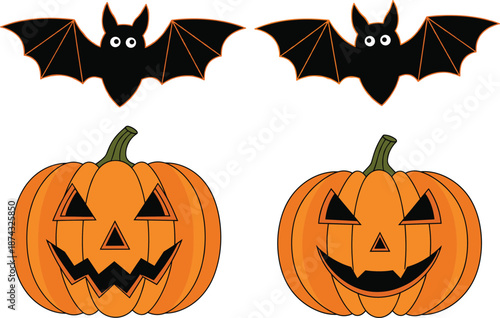 Halloween Pumpkin and Bat Vector Set with Jack O Lantern Faces, Spooky Flying Bats, and Festive Autumn Holiday Cartoon Icons