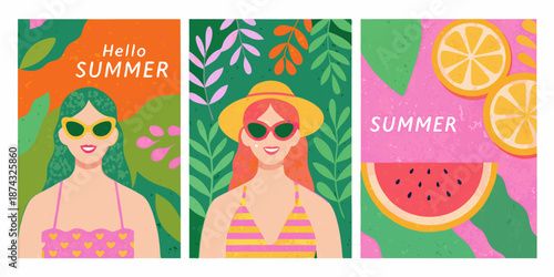 Colorful summer illustrations featuring women fruit and tropical foliage designs