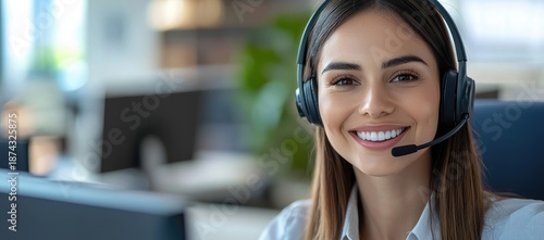 Smiling customer service call center agent wearing headset at modern office desk, ideal for business support, helpdesk communication, and professional client assistance