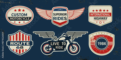 Vintage motorcycle badges and emblems collection with retro designs and typography