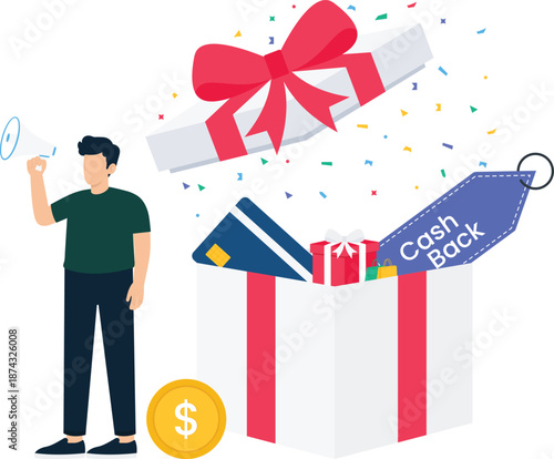 Male character holding megaphone gift box cash back financial reward shopping bonus credit card dollar coin marketing promotion customer loyalty open present special offer